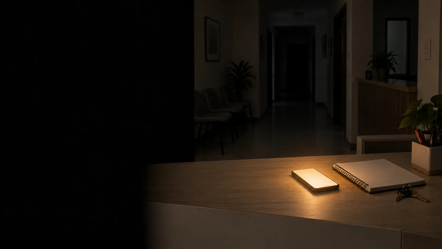 Consultorio cerrado de noche: el celular iluminado sobre el counter