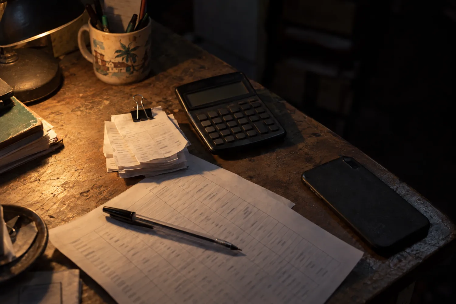 Escritorio de cartera: recibos, calculadora y celular