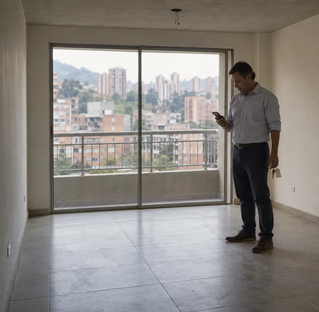 Asesor inmobiliario en apartamento vacío, celular y llaves en mano